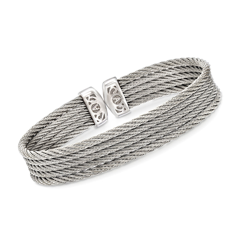 Gray multi-strand stainless steel cable cuff with two square link details
