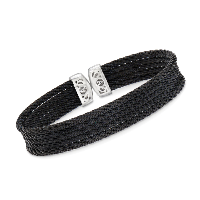 Black multi-strand stainless steel cable cuff with two silver square connectors