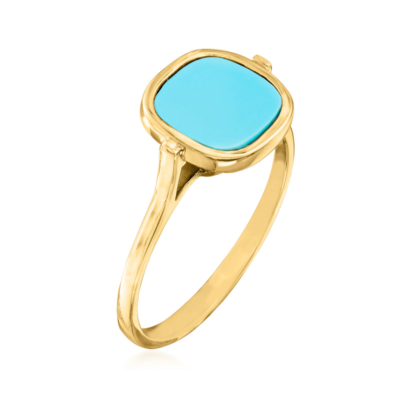 14kt yellow gold ring with oval turquoise stone, slim band side view