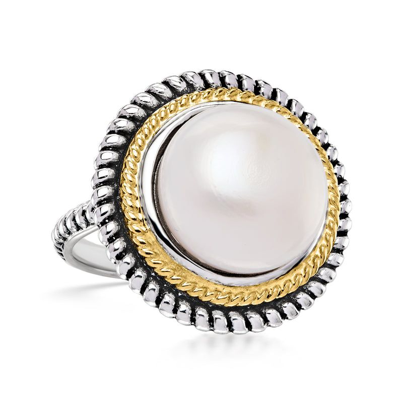 Cultured pearl ring with roped edge, sterling silver and 14kt yellow gold halo