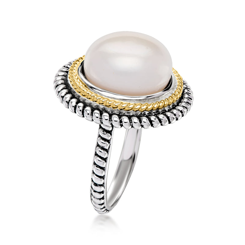 Cultured pearl ring, roped halo in sterling silver with yellow-gold accents