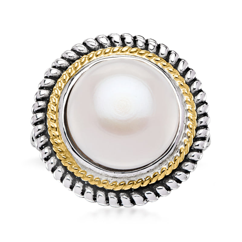 Round cultured pearl ring with bezel, silver beaded border and gold roped edge