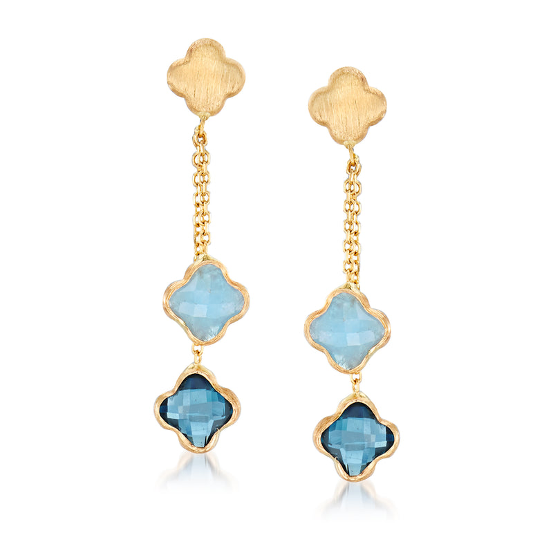 14kt yellow gold flower top drop earrings with light blue and dark blue gemstone drops