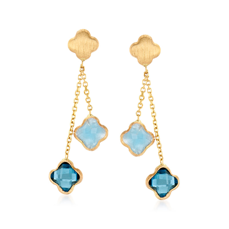 14kt yellow gold drop earrings with dangling blue clover and round gemstone accents