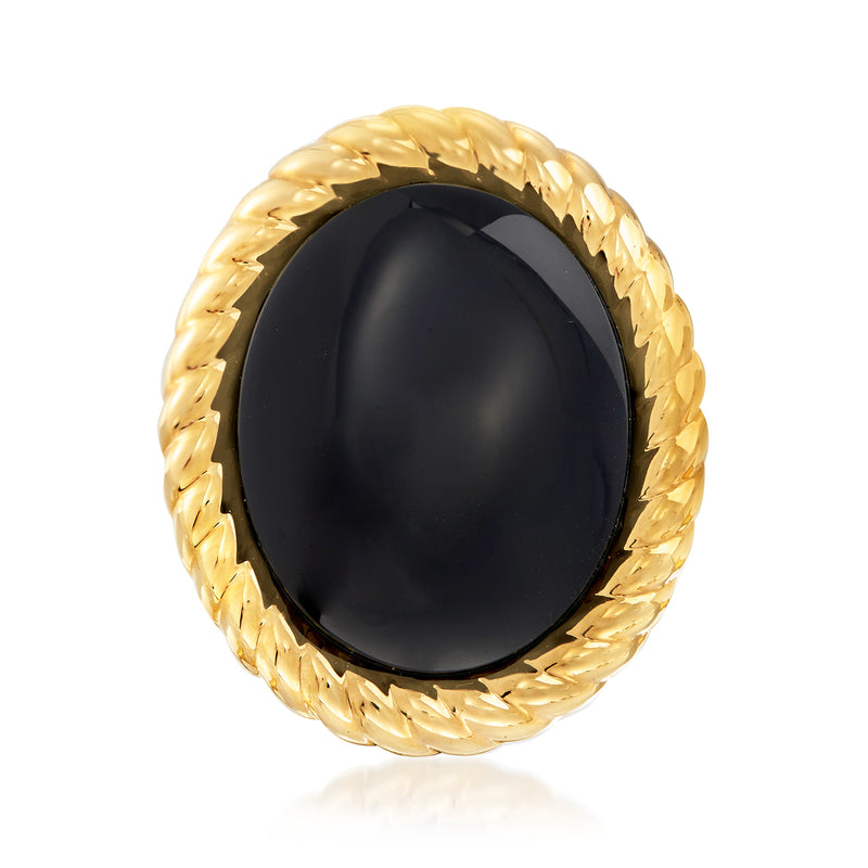 Black oval onyx-style resin ring with braided yellow gold band
