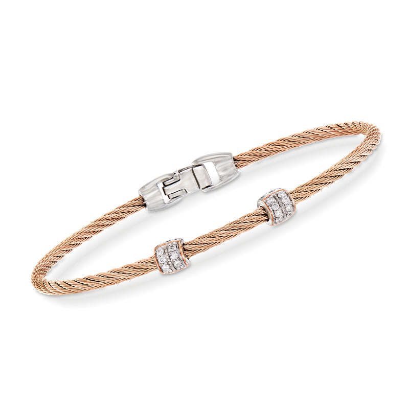 Rose gold stainless steel cable bracelet with two diamond stations and clasp
