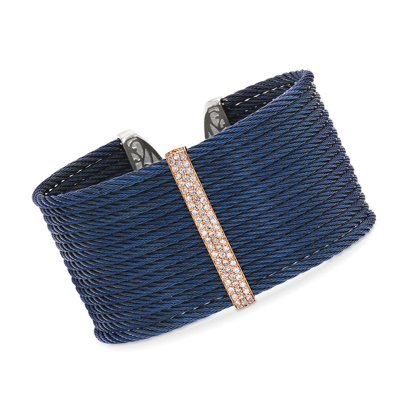 Blue cable cuff bracelet with rose gold diamond-set bar detail