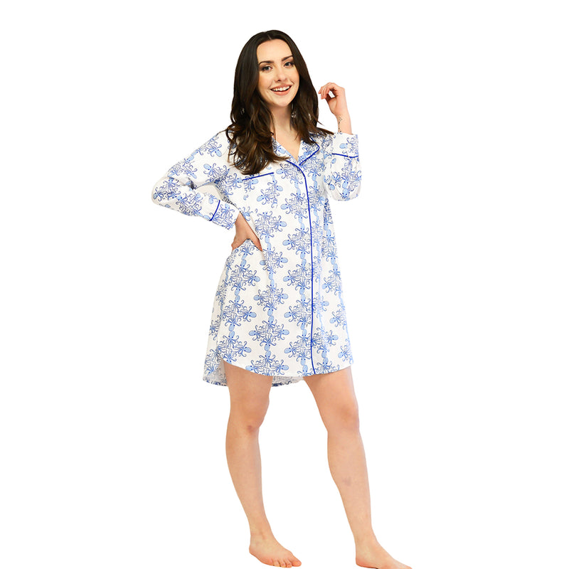 Light blue sea-life print satin sleep shirt with collar and button front, long sleeves