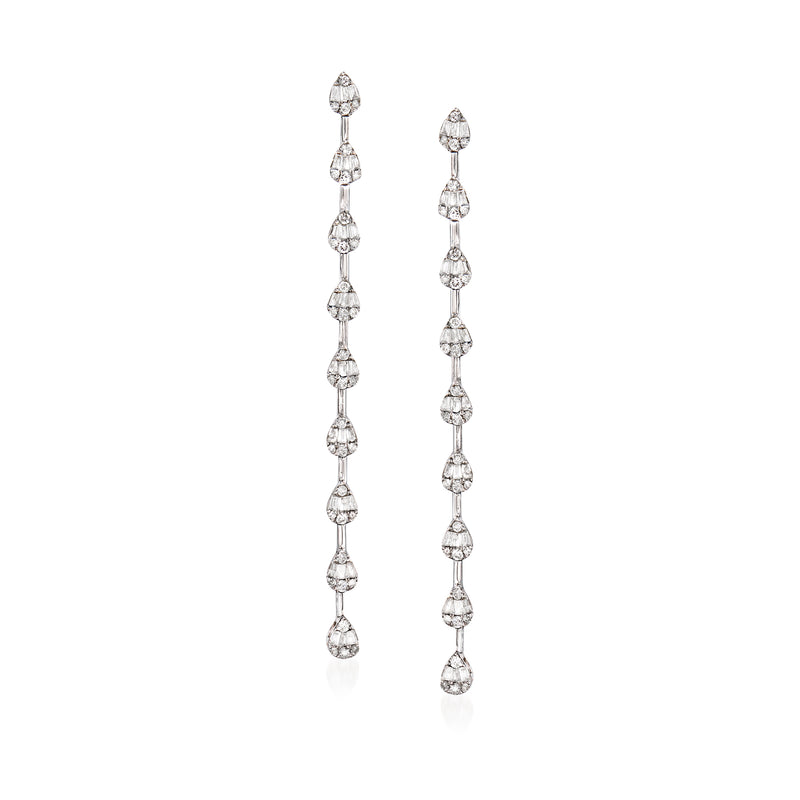 14kt white gold diamond linear drop earrings with baguette and round stones