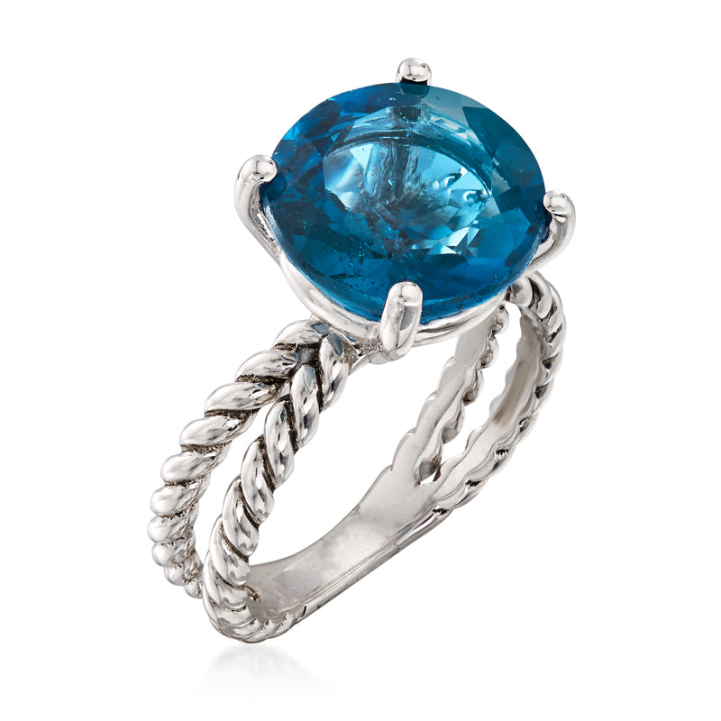 Sterling silver ring with oval London blue topaz and twisted rope band