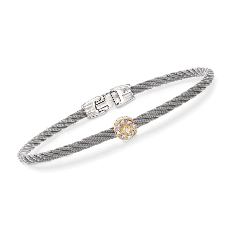 Gray stainless steel cable station bracelet with yellow diamond accent and clasp