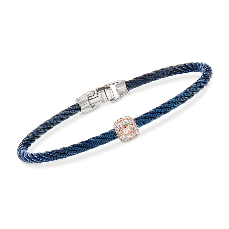 Blue braided cable bracelet with square diamond halo and two-tone clasp