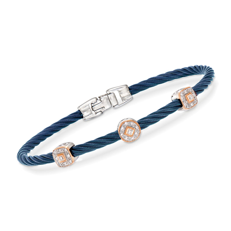 Blue braided cable bracelet with square diamond-look station links and clasp