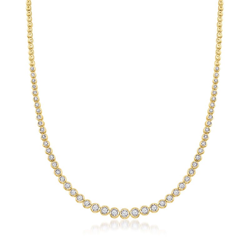Gold bezel-set diamond tennis necklace with round stones, 18kt gold over sterling