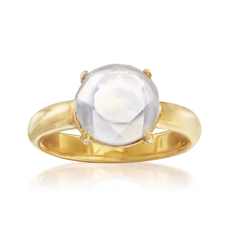Gold over sterling ring with round clear rock crystal doublet center
