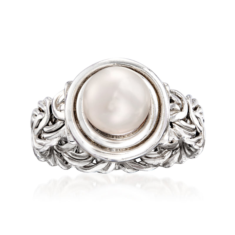 Sterling silver Byzantine ring with 8mm cultured pearl bezel setting