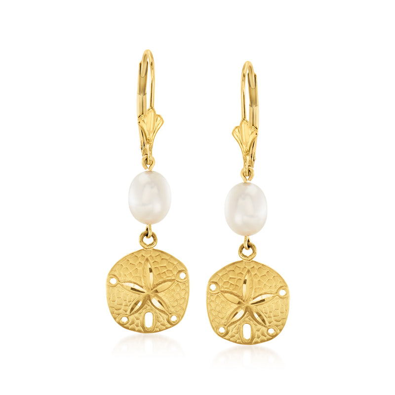 14kt yellow gold drop earrings: pearl and sand dollar charm, leverback