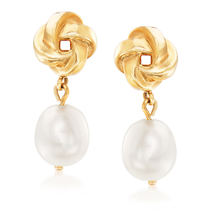 Yellow gold love-knot drop earrings with round cultured pearl dangles