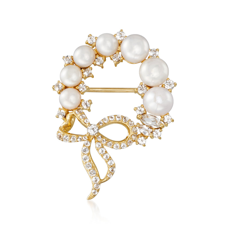 Gold wreath pin with cultured white pearls and clear topaz stones