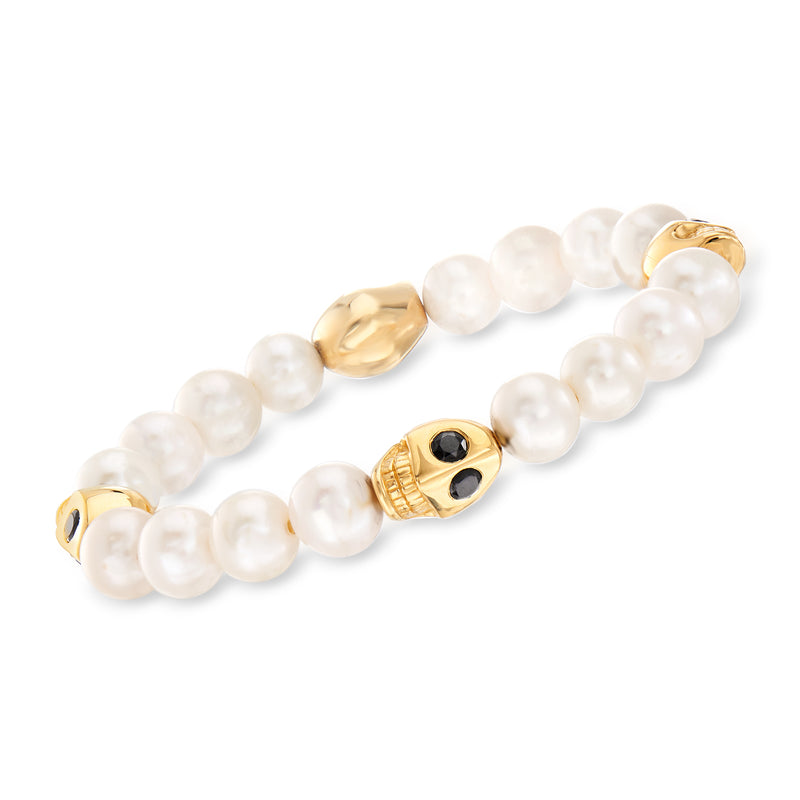Cultured pearl stretch bracelet with gold skull charm and black spinel accents