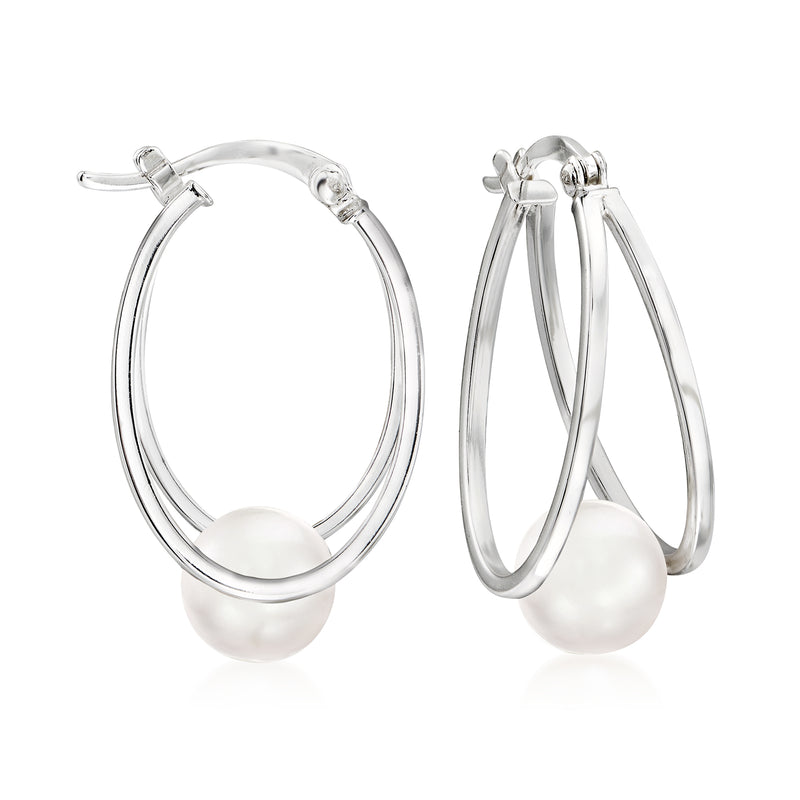 Sterling silver double-hoop earrings with an 8–9mm cultured pearl drop