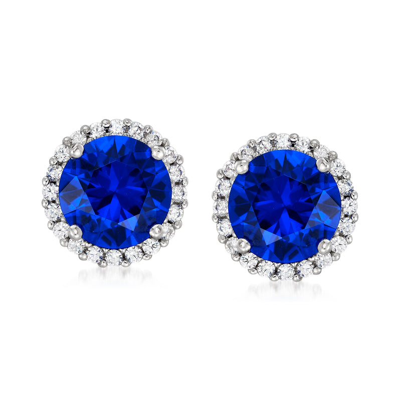 Round blue simulated sapphire stud earrings with CZ halo, sterling silver post backs