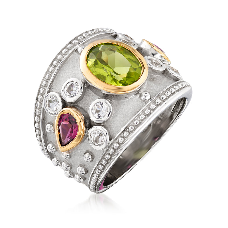 Sterling silver multi-gem ring with oval purple and round green stones, gold bezel