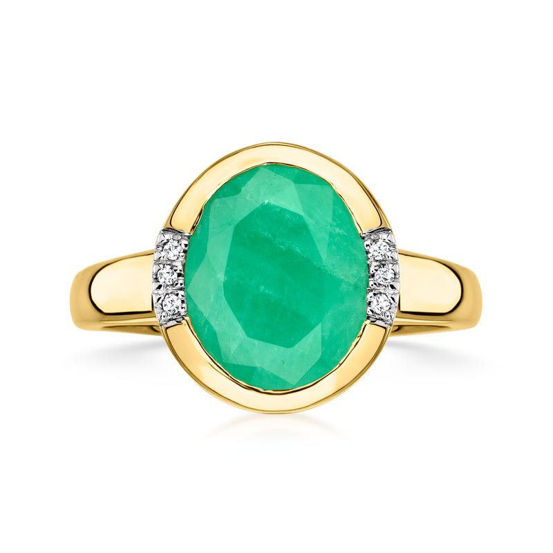 14kt yellow gold ring with oval green emerald gemstone and diamond side accents