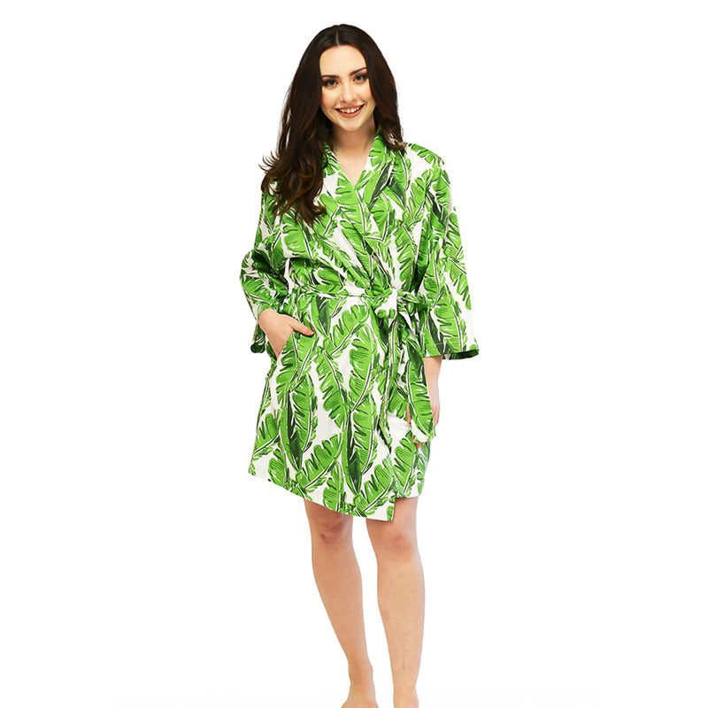 Green leaf-print satin robe with tie belt and 3/4 sleeves