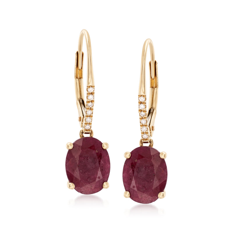 Ruby drop earrings in 14kt yellow gold with diamond accents and leverback closures