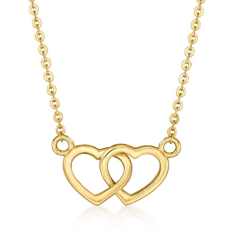 14kt yellow gold children's interlocking double-heart pendant necklace with chain