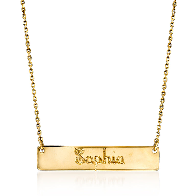 Yellow gold name bar necklace with engraved Sophia on a polished rectangular pendant