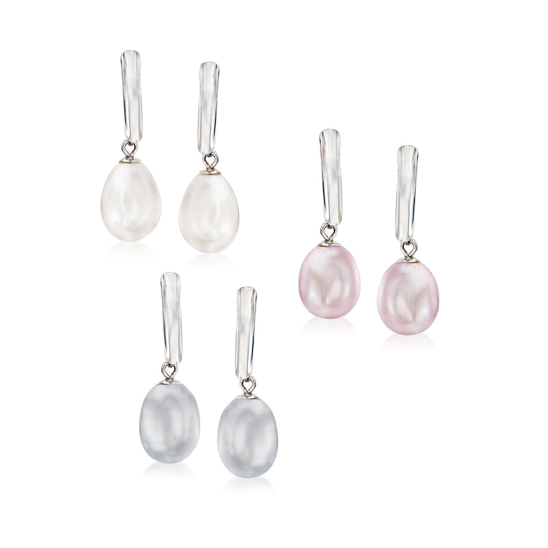 Sterling silver drop earrings set with three pearl pairs: white, pink, and gray.