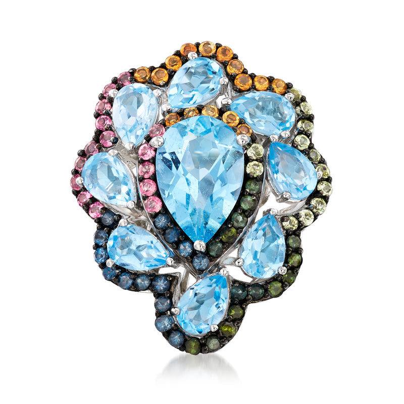 Sterling silver multi-gemstone ring with large oval light-blue stones and colorful halos