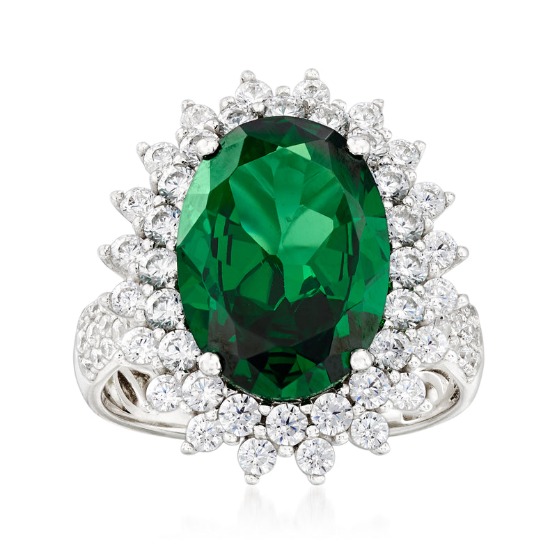 Sterling silver ring with large oval green simulated gemstone and clear CZ halo