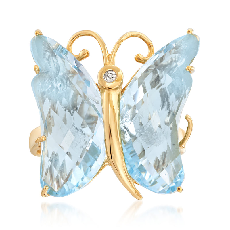 Sky blue topaz butterfly ring with round diamond accent in 18kt gold over sterling