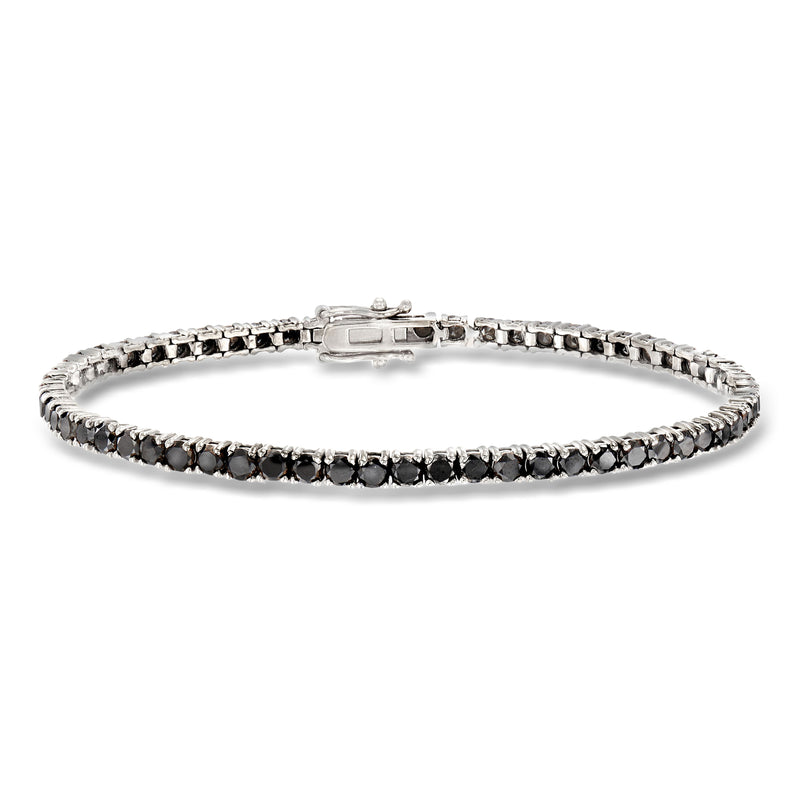 Black diamond tennis bracelet in 14kt white gold, hinged clasp and dark stone line