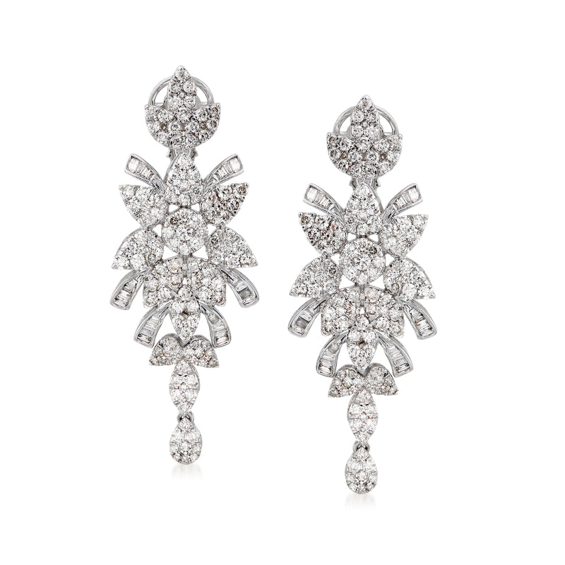 Diamond drop earrings in 14kt white gold, clustered floral design with dangling stones