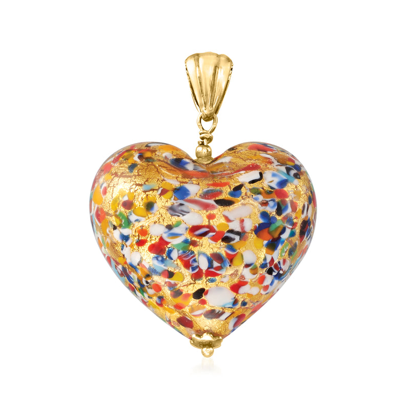Multicolored Murano glass heart pendant with gold bail on gold chain