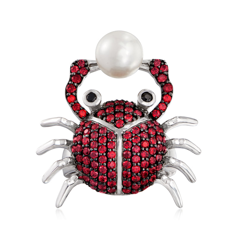 Sterling silver crab ring with white cultured pearl center and red and black CZ sparkle