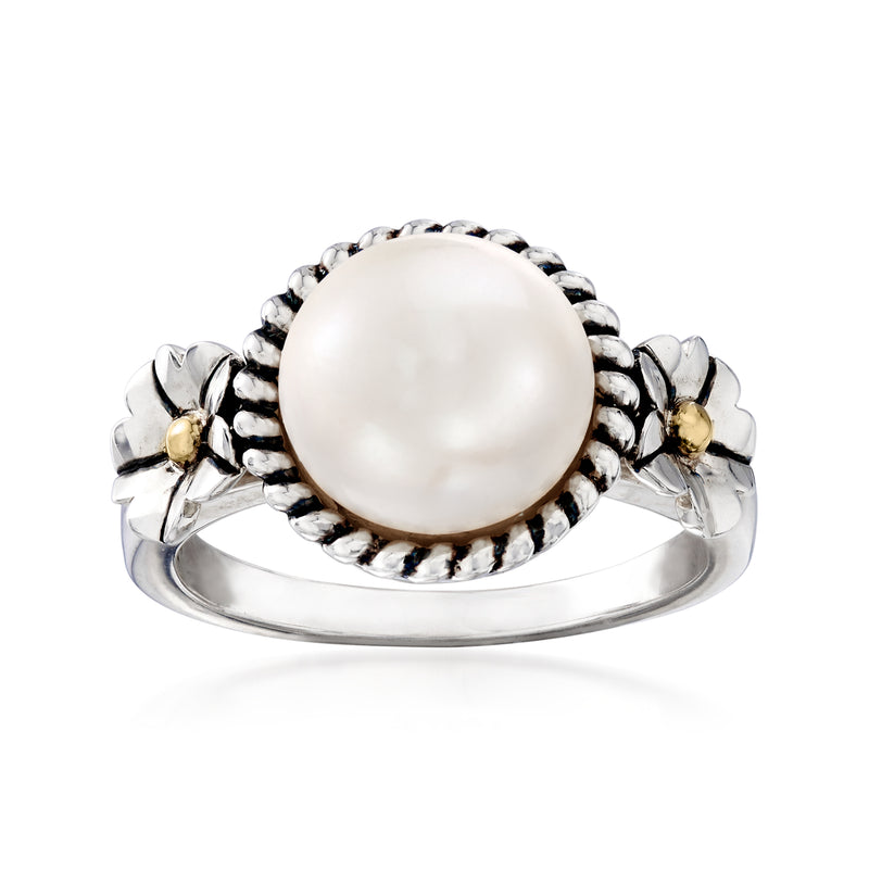 Sterling silver ring with round cultured pearl, rope trim and small 14kt yellow gold accents