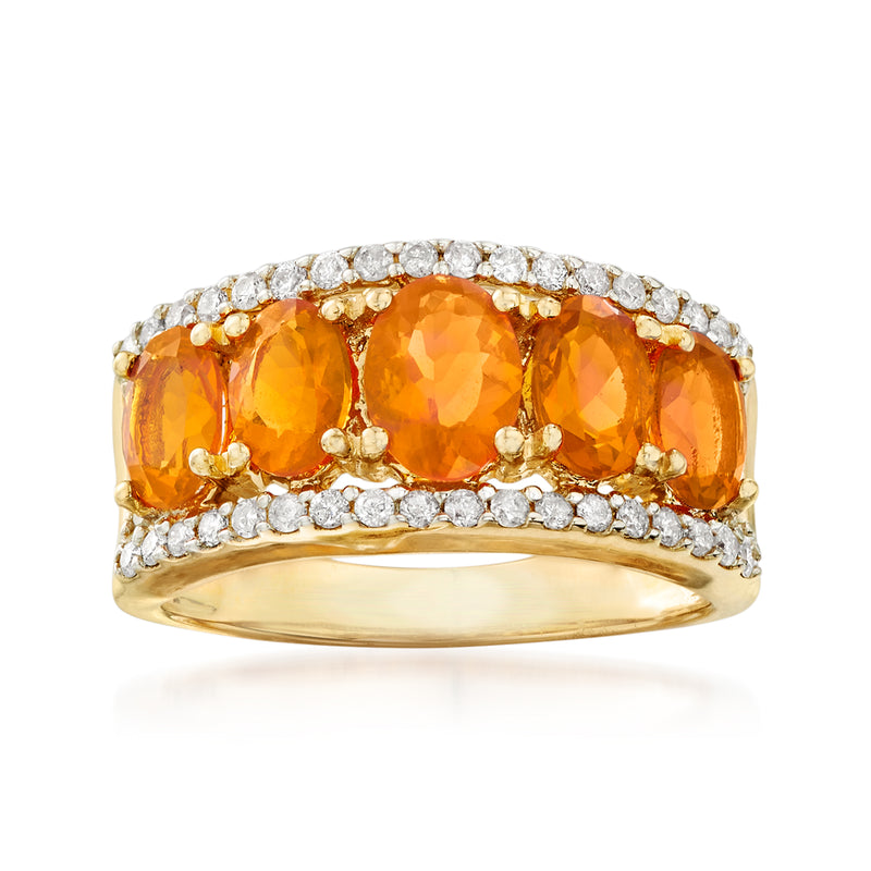 14kt yellow gold ring with orange fire opal center and diamond accents