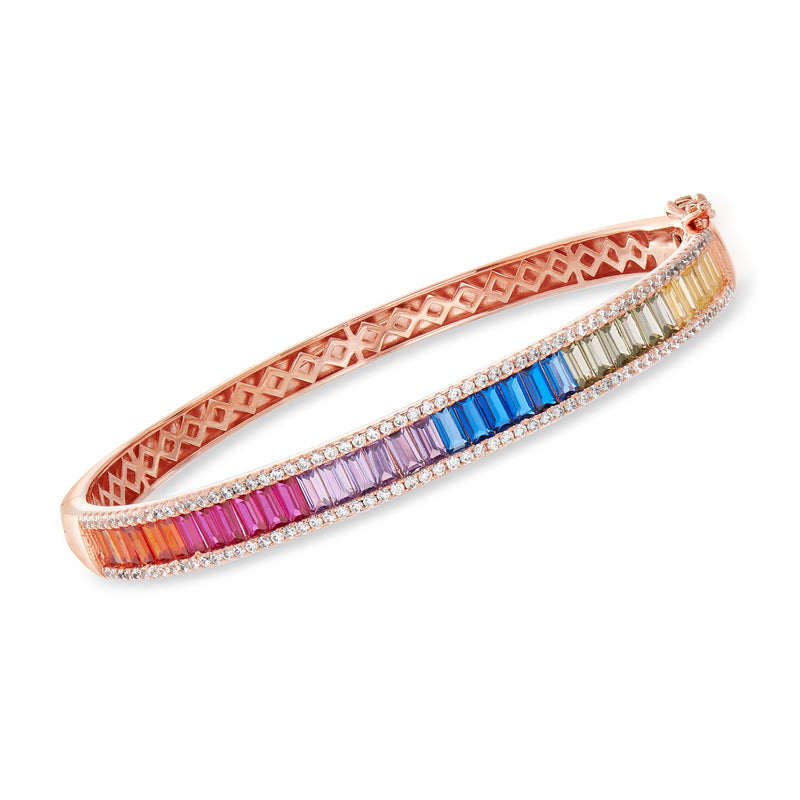 Rose gold over sterling silver bangle bracelet with multicolored rectangular gemstones