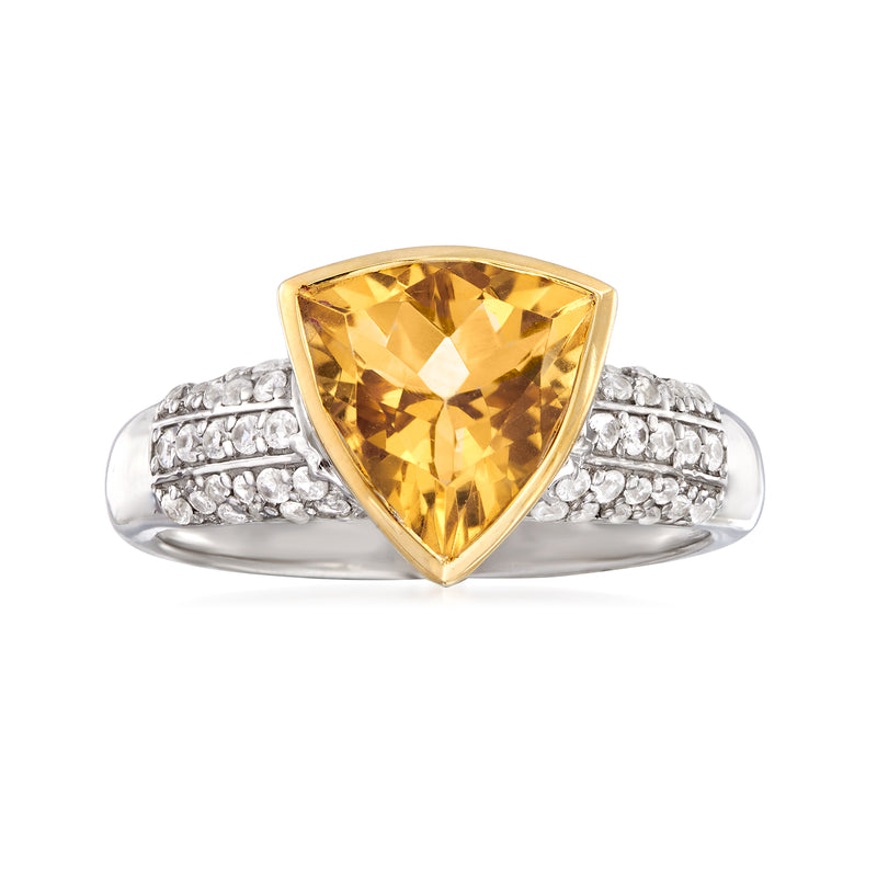 Sterling silver ring with yellow-gold triangular citrine gemstone and white zircon pave band