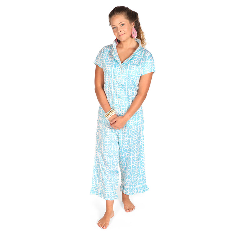 Women’s blue patterned satin capri pajama set with short-sleeve top and matching capris