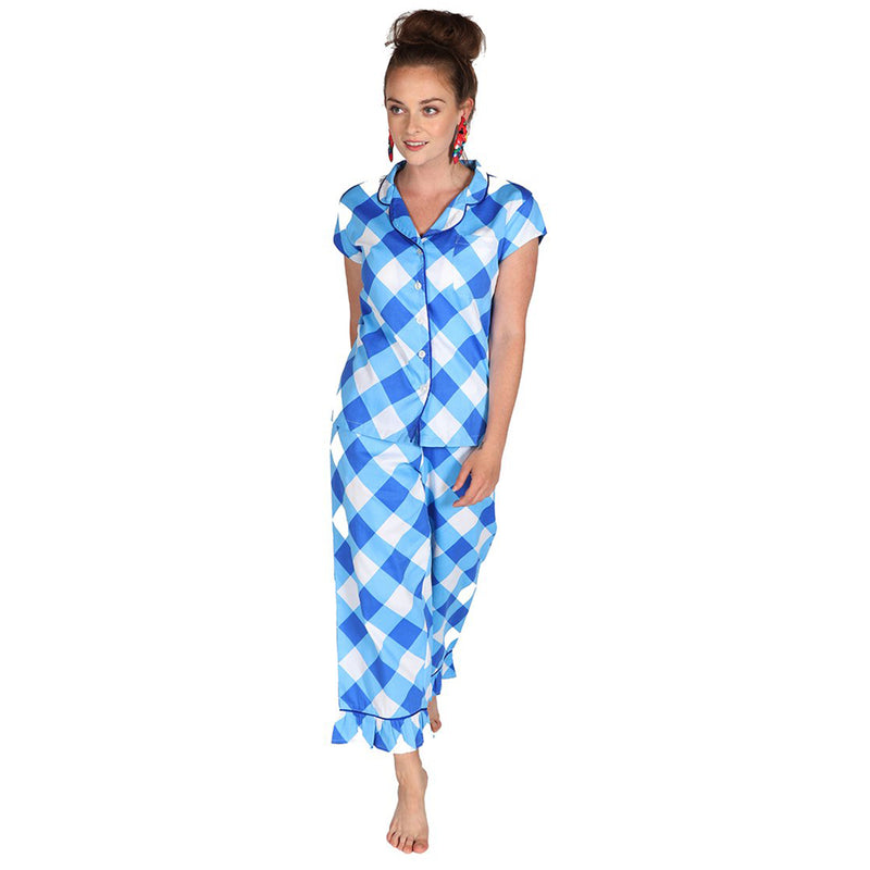 Blue Buffalo sateen capri pajama set in blue-and-white plaid, short sleeves