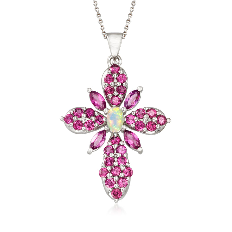 Sterling silver cross pendant necklace with pink gemstones and opal center