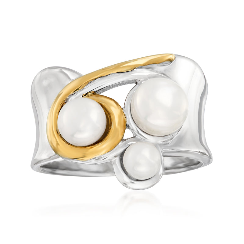 Cultured pearl ring with three 4–6mm pearls, sterling silver and 14kt yellow gold accents
