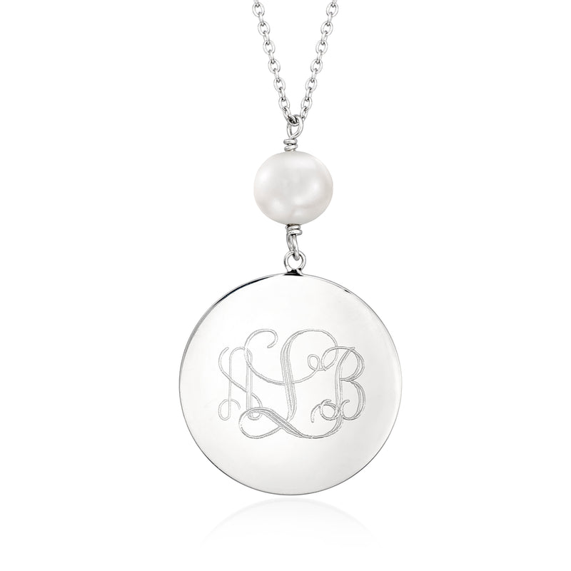 Sterling silver personalized disc necklace with white cultured pearl and engraved initial design