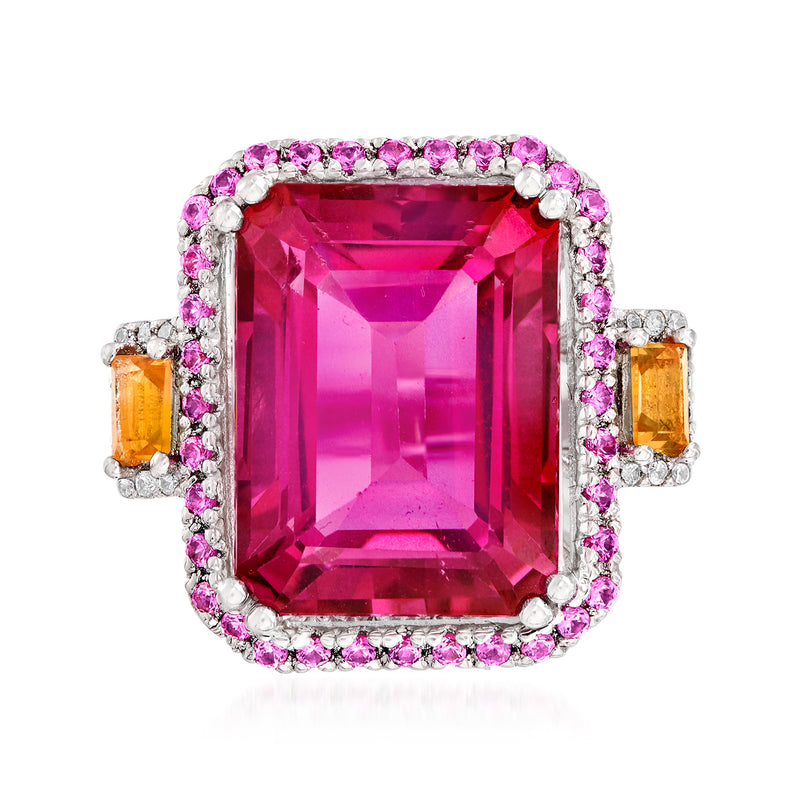 Sterling silver ring with pink rectangular gemstone and purple halo, orange side stones